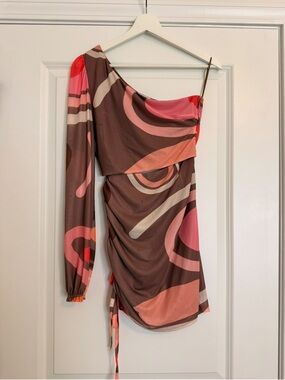 Boutique One Shoulder Cutout Ruched Mini Dress Small Abstract Print
